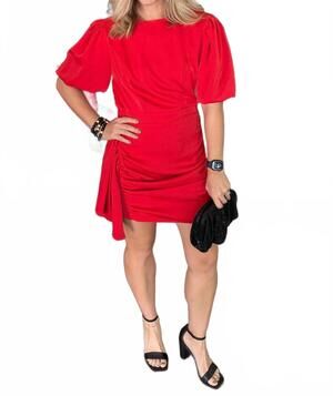 NEW STRUT & BOLT mini dress with rouching and puff sleeve in red